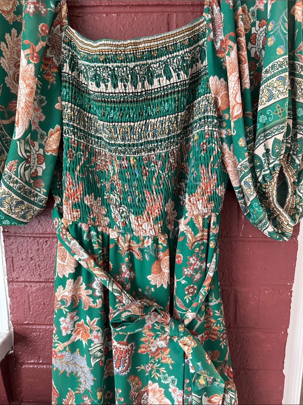 Flying Tomato Patterned Green Puff Sleeve Smocked Floral Boho Midi Dress Size L - Picture 6 of 8